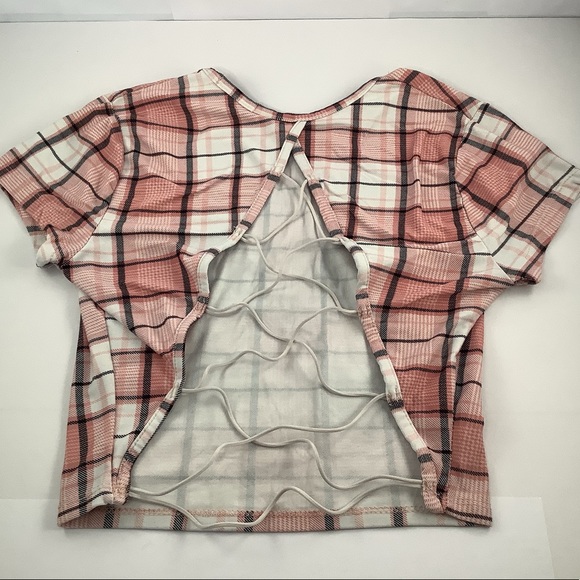 Faded Rose Pink Plaid Exposed Elastic Back Tee M - Picture 7 of 8